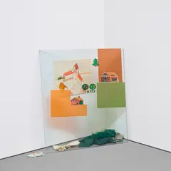 Kai Althoff, Untitled, 1997, cardboard, glass with stickers, paper, matches, bester label and white tote, in 8 parts