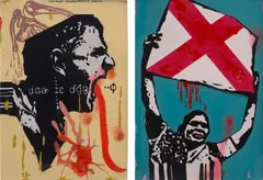 Jitish Kallat, Two works: i) Analgesic Studies 13; ii) Analgesic Studies 5, 2005- 2007, oil, acrylic, ink, glitter and flame on board