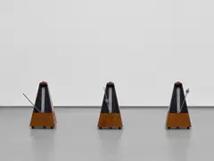 Martin Creed, Work No. 223, 2004, classical mechanical metronomes, in 3 parts and with framed text