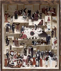 Marcel Dzama, Later the Delights of Damnation Will be More Profound, 2010, wood, glass, cardboard, paper collage, graphite, watercolour and ink diorama