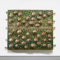 Ashley Bickerton, Green Painting with Boats, 2002, acrylic, photo collage, coconuts, metal and bone on panel