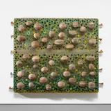 Ashley Bickerton, Green Painting with Boats, 2002, acrylic, photo collage, coconuts, metal and bone on panel