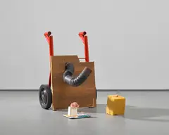 John Bock, Untitled, 2007, metal, wood, silicon, yoghurt cup, plastic bandage cover and foam, in 3 parts