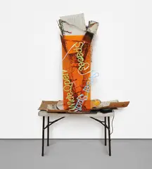 Heroic Vagina by Jason Rhoades, 2003, two neon phrases with transformer and power cord, orange Plexiglas panel, PeaRoeFoam, cardboard and rubber boot on Lifet, offered Oct 2020