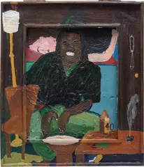 Untitled by Henry Taylor, 2006, acrylic on panel, in artist's frame with nail and nail clippers, sold Oct 2020