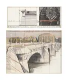 Christo, The Pont Neuf, Wrapped (Project for Paris), 1985, graphite, charcoal, wax crayon, aerial photograph and architectural drawings on card collage, oil pastel, fabric and thread, in artist's Plexiglas box frame with tape, in 2 parts