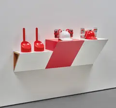 exuberant relative #2 by Haim Steinbach, 1986, plastic laminated wood shelf, plastic beverage helmets, plastic toilet brushes, aluminium Budweiser cans and Coca-Cola c, sold Oct 2020