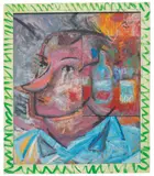 Sandro Chia, Melancholic Drinker, 1985, oil, canvas and cardboard collage with staples on board, in artist's frame