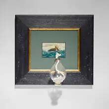 Pike Powers, Victor, 1999, hand-blown glass, oil on wood board, iron, wood frame