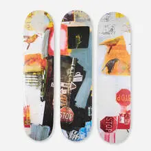 Overdrive (triptych) by Robert Rauschenberg, 2017, digital print on maple skatedeck, sold Dec 2025