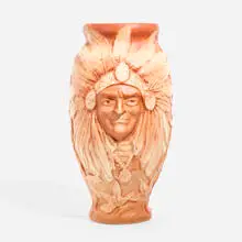 Owens Pottery, Rare and Tall Jeweled vase with Native American portrait, c. 1903, glazed earthenware
