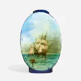 Martin Rettig for Wheatley Pottery, Early Limoges style vase with large Dutch galleon and boats at sea