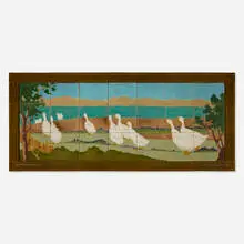 Rookwood Faience, Fine and Rare tableau with geese and pastoral landscape, c. 1915, glazed earthenware