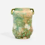 Roseville Pottery, Rare experimental Mayapple vase with leaves and flowers