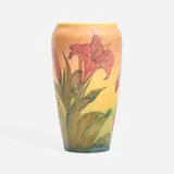 Decorated Mat/Double Vellum vase with daylilies by Elizabeth N. Lincoln for Rookwood Pottery, 1926, glazed porcelain, sold Jun 2024
