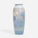 Scenic Vellum vase with forest landscape by Fred Rothenbusch for Rookwood Pottery, 1930, glazed earthenware, sold Jun 2024