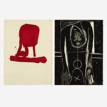 Mimmo Paladino, Carro dormente (diptych) (from the For Joseph Beuys portfolio), 1987, lithograph in colors on Japanese paper, woodcut on Japanese paper