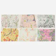 Nancy Graves, Six works from the Lithographs Based on Geologic Maps of Lunar Orbiter and Apollo Landing Sites series, 1972, lithograph in colors on Arches; lithograph in colors on Mylar laid to Arches