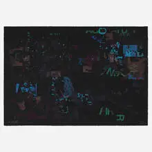 John Cage, Lithograph A (from Not Wanting to Say Anything About Marcel), 1969, lithograph in colors on black Fabriano