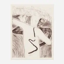 Figure semplici (from Six Etchings) by Mimmo Paladino, 1982, etching, softground etching, and sugarlift aquatint in black on Hahnemühle wove, sold Apr 2025