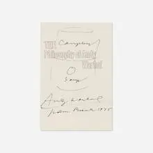 Signed title page with soup can drawing by Andy Warhol, 1975, ink on printed paper, sold Apr 2025