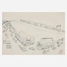Wesley Willis, Untitled (View from I-94 Chicago), 1990, ballpoint pen on Crescent board