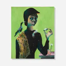 Lady and Jacamar (double-sided) by Karl Priebe, 1947, gouache on board, sold Feb 2025