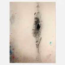 Amanda Ross-Ho, Untitled Dropcloth Painting (Dead Blades and Black Candy), 2014, canvas dropcloth, acrylic paint, latex paint, catnip candy, shoelace, headphones and X-Acto blades