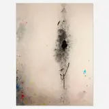 Amanda Ross-Ho, Untitled Dropcloth Painting (Dead Blades and Black Candy), 2014, canvas dropcloth, acrylic paint, latex paint, catnip candy, shoelace, headphones and X-Acto blades