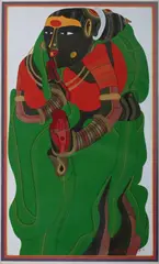 Thota Vaikuntam, Woman in Green, Acrylic on canvas; signed in Telegu, lower right