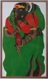 Thota Vaikuntam, Woman in Green, Acrylic on canvas; signed in Telegu, lower right