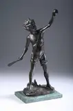 F.J. Fland, Boy Playing with Bat and Ball, Bronze, dark brown patina, on green marble base - Height: 14 in