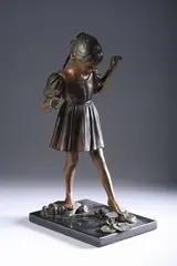 Adolf Sehring, Girl Tip Toeing Over Rocks in Pond with Lily Pads, Bronze with golden brown patina on a black marble base - Height: 16 in