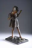 Adolf Sehring, Girl Tip Toeing Over Rocks in Pond with Lily Pads, Bronze with golden brown patina on a black marble base - Height: 16 in