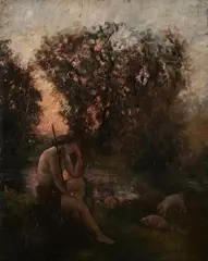 Georges Mabie, Shepherd and Sheep by Stream, Oil on canvas