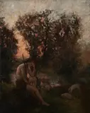 Georges Mabie, Shepherd and Sheep by Stream, Oil on canvas