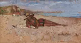 Woman Lounging on Beach by French School, Oil on board, sold Nov 2008