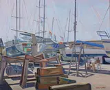 Josep Serra Limona, Sail Boats in Dry Dock, Oil on canvas