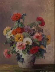 Max Theodor Streckenbach, Zinnias in a Blue and White Vase, Oil on canvas