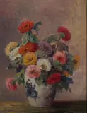 Max Theodor Streckenbach, Zinnias in a Blue and White Vase, Oil on canvas