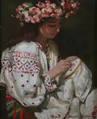 Serhii Vasylkivsky, Young Lady with Flower Crown, Oil on board