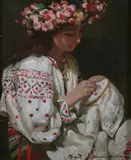 Serhii Vasylkivsky, Young Lady with Flower Crown, Oil on board