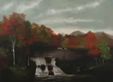 Autumn Landscape with Fisherman by American School, AUTUMN LANDSCAPE WITH FISHERMAN, oil on canvas, sold Nov 2008