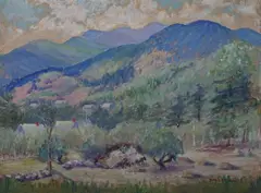 Mabel P. Sibley, Mountain Landscape with Haycart, Oil on canvas board