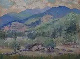Mabel P. Sibley, Mountain Landscape with Haycart, Oil on canvas board