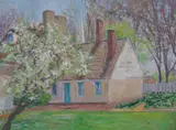American School, Cottage in Spring, Oil on masonite