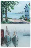 Antony Sabatucci, BOATS AT DOCK and VIEW OF SAILBOAT ALONG THE COAST: TWO WORKS, each signed and dated '56 lower right, Oil on board