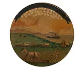 WESTWARD EXPANSION, depicting a farmer plowing with covered wagons, a paddlewheel river boat, and mounted cattlemen in the background, surmounted with banner inscribed "Ad Astra Per Aspera", the motto of the State of Kansas, above 34 stars by American School, Oil on canvas, sold Nov 2008
