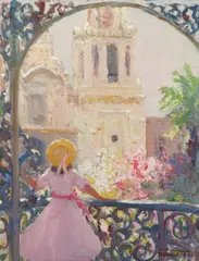 Freemont Ellis, Little Girl on the Balcony, Oil on canvas board