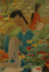 Le Pho, Deux Jeunes Filles Dans le Jardin En Fleur, Oil on silk laid on board